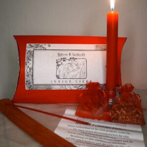 Ritualset Innige Liebe mit brennender Kerze Kräutermischung Rosenquarz Anleitung und Räucherstäbchen