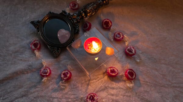 Brennende Teekerze Selbstliebe für Liebesrituale Heilsteine Bonbons Spiegel und Rosenquarz
