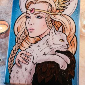 Leinwand Göttin Freya mit Katze Teelicht und Deko